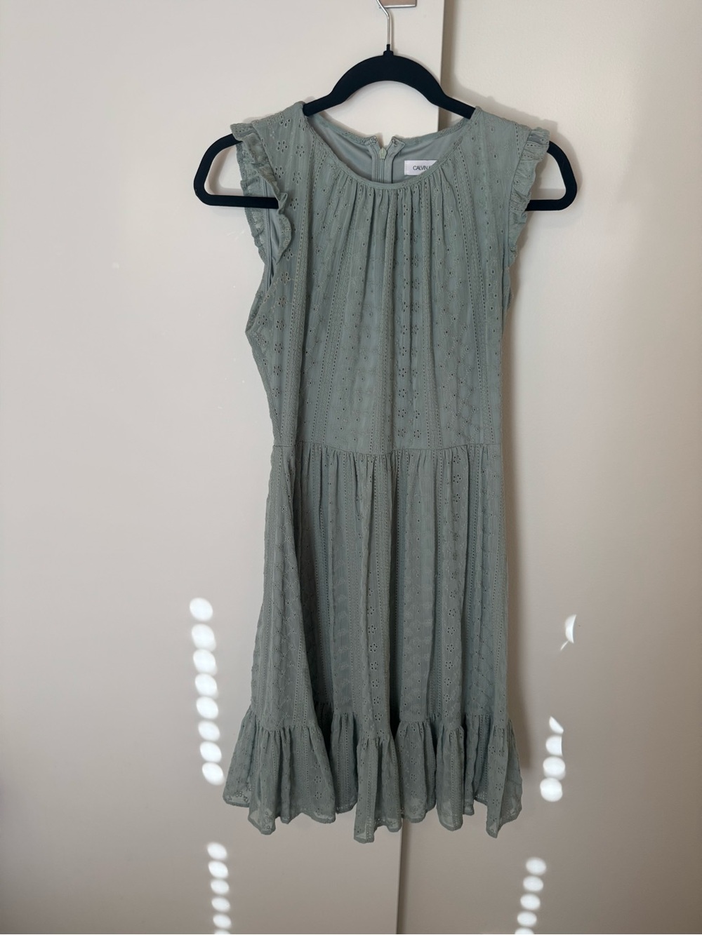 Calvin Klein Sage Green Eyelet Midi Dress with Ruffle Hem